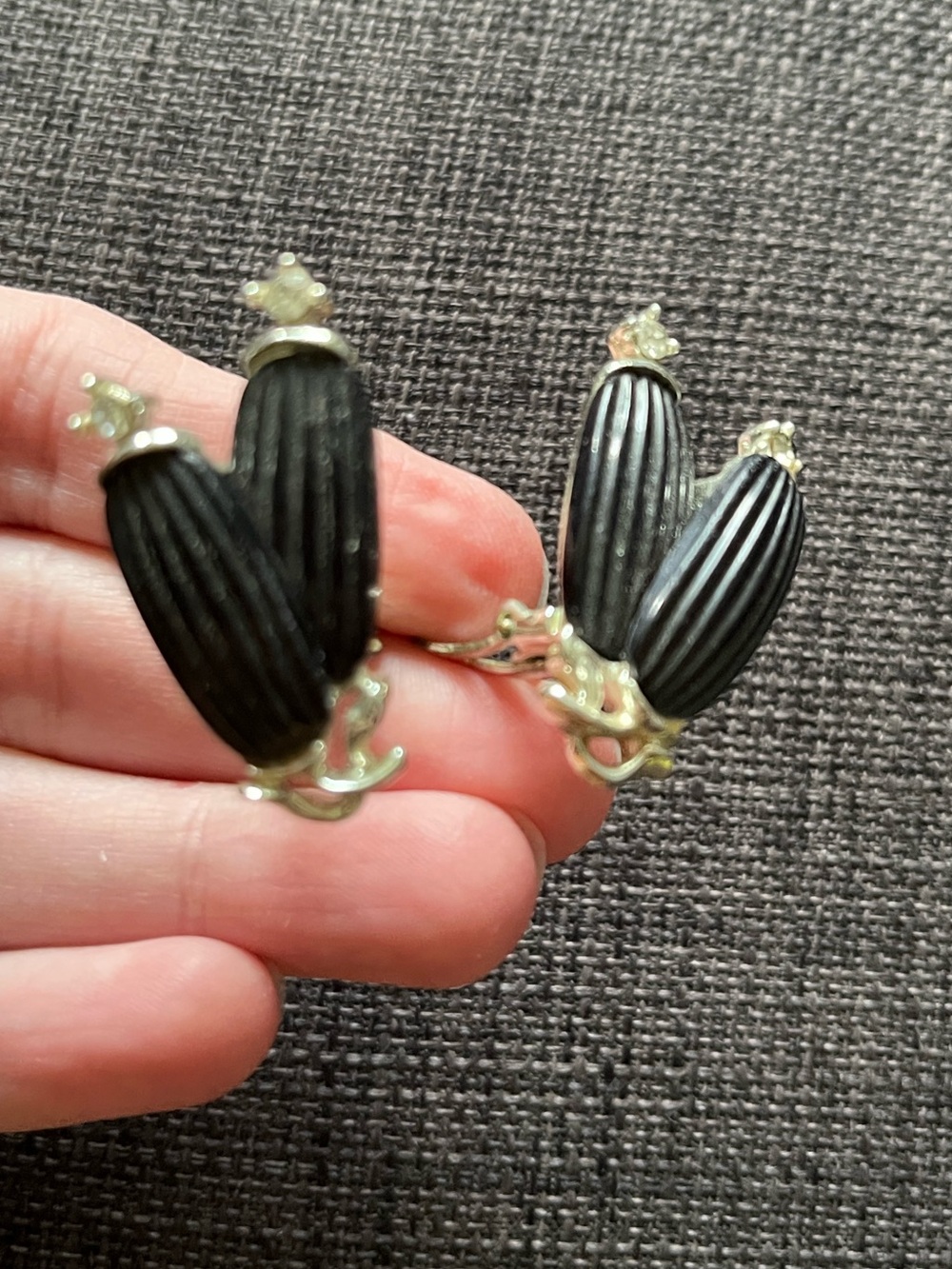 Vintage Black Ribbed Clip-On Earrings with Rhinestone Accents